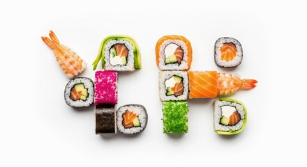 Creative Geometric Arrangement of Colorful Sushi Rolls on a Clean Minimalist Plate