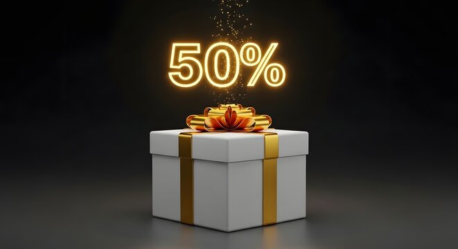 A glowing neon sign displaying 50 hovers above a white gift box with a gold ribbon, symbolizing a special offer or discount