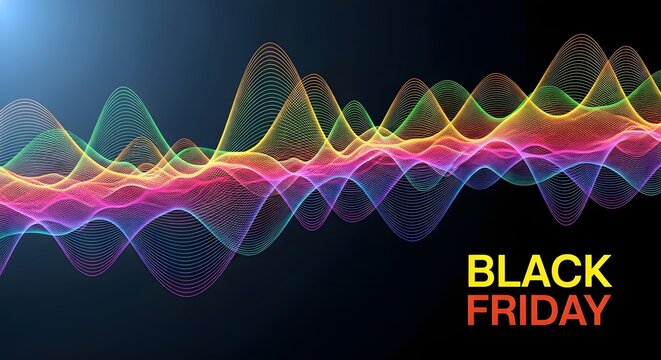 Abstract colorful sound wave visualization with glowing particles representing black friday sale, digital art, futuristic technology, and data stream on a dark background