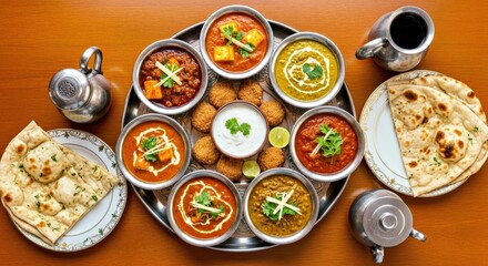 Richly Decorated Mughal Thali Spread with Curries, Raita, and Naan on Polished Wood