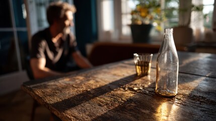 Empty bottle and glass on old wooden table with man in background, illustrating alcohol addiction and inner struggle