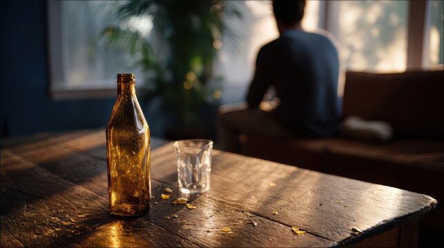 Empty amber bottle and glass on wooden table with man in background, expressing alcohol addiction and despair