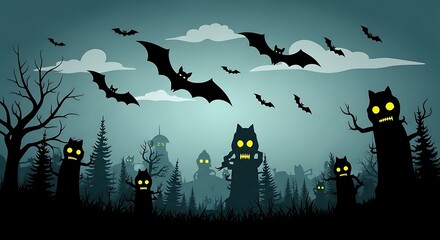 Spooky Halloween Night with Monsters and Bats in a Dark Forest.