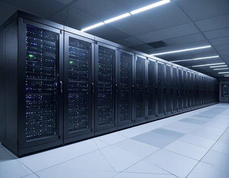 Modern data center hallway with rows of server racks