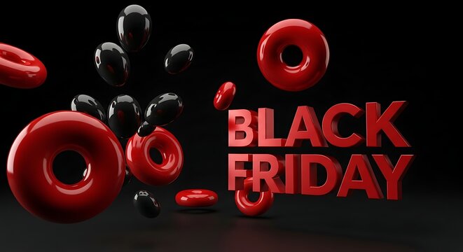 Red and black 3D torus shapes and spheres with Black Friday text sale shopping - Powered by Adobe