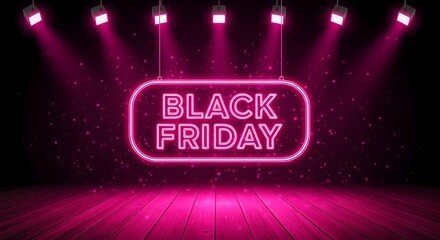 Obraz premium Black friday neon sign glowing with pink lights on a dark stage with spotlights and wooden floor, representing sale and discount event