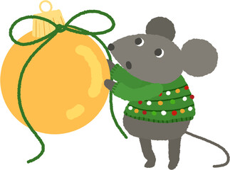 Christmas Mouse Holding Yellow Ornament – Cute Holiday Clipart