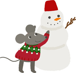 Christmas Mouse Building Snowman – Cute Hand Drawn Clipart