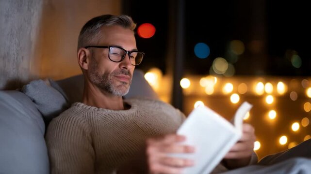 Man in glasses relaxing at night reading a digital tablet with warm bokeh lights in the background