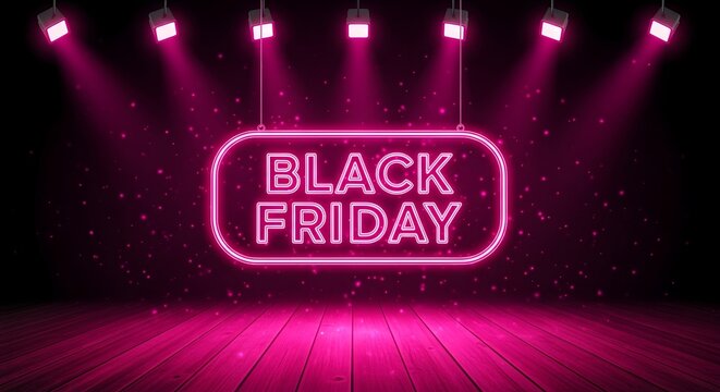 Black friday neon sign glowing with pink lights on a dark stage with spotlights and wooden floor, representing sale and discount event - Powered by Adobe