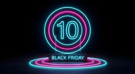 Neon sign with the number 10 and the text black friday glowing on a dark background, representing a countdown or sale event