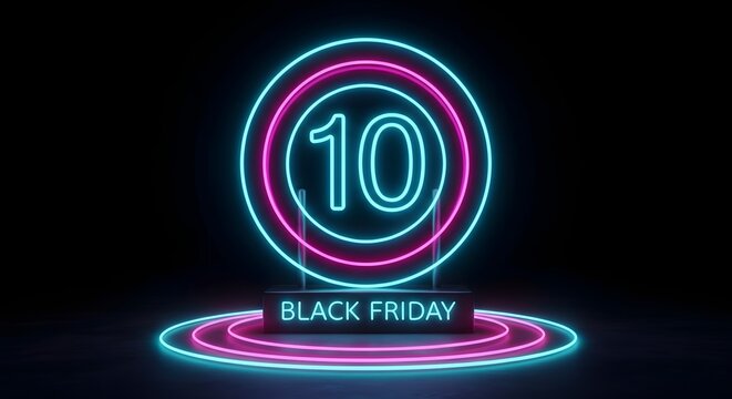 Neon sign with the number 10 and the text black friday glowing on a dark background, representing a countdown or sale event