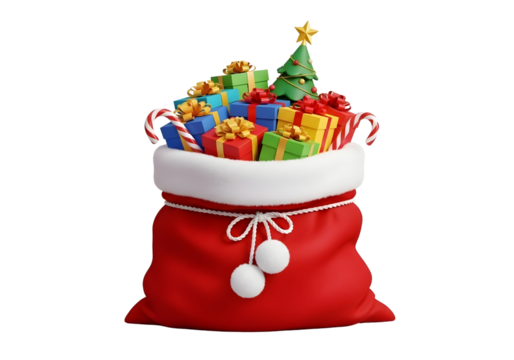 Santa claus red bag full of colorful christmas presents and tree isolated on transparent background - Powered by Adobe