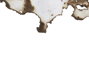 A single piece of old, aged paper with burnt and scorched edges isolated on a transparent background png