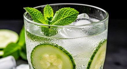 Sparkling Water with Cucumber and Mint Capturing Glass Condensation Refreshment
