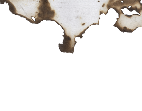 A single piece of old, aged paper with burnt and scorched edges isolated on a transparent background png