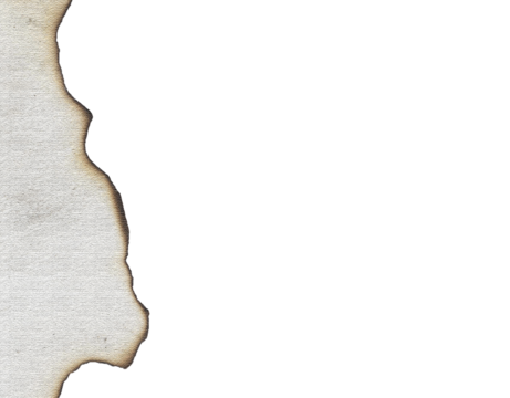 A single piece of old, aged paper with burnt and scorched edges isolated on a transparent background png