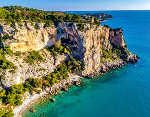 Obraz premium Scenic coastal cliffs meet turquoise sea under a bright blue sky