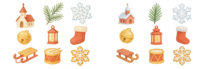Festive holiday decorations featuring church, snowflakes, and traditional winter items in cheerful colors