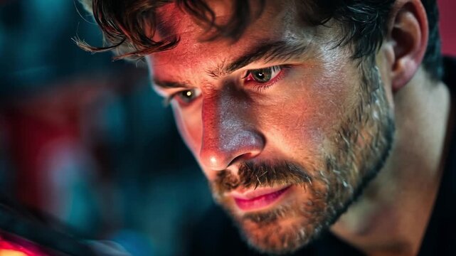 Intense Focus: A man's contemplative gaze reveals a deep focus and introspection amidst an atmosphere of concentration.