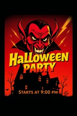 Spooky halloween party invitation with devil and haunted house