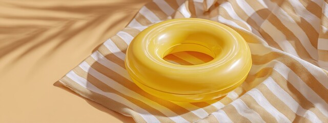 Close-up of a glossy yellow donut-shaped object resting on a striped cloth