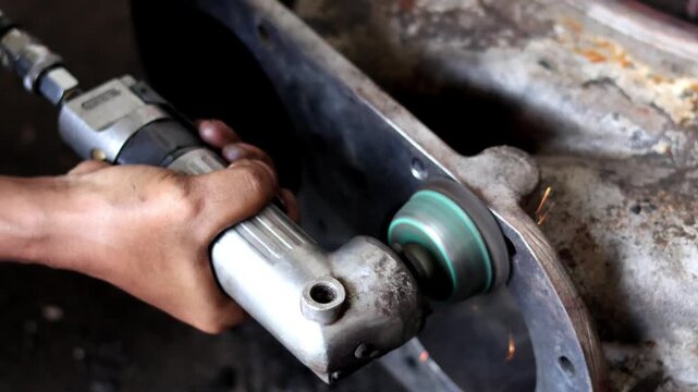 Worker using a pneumatic die grinder with an abrasive wheel to smooth and polish the rough surface of a heavy-duty cast metal industrial pump or turbocharger casing.