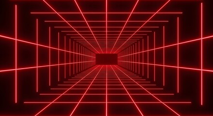 Endless red neon grid tunnel perspective, abstract futuristic background with glowing lines and vanishing point, digital art