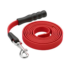 Bright red dog leash with metal clasp and handle rolled up neatly isolated