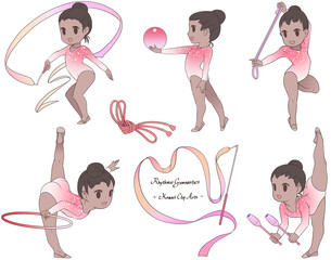 新体操をする若い女性選手。リボン、ボール、フープ、ロープ、バトンの五種目を描いたクリップアート集