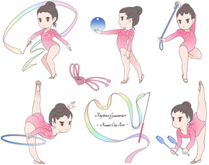 新体操をする若い女性選手。リボン、ボール、フープ、ロープ、バトンの五種目を描いたクリップアート集