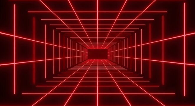 Endless red neon grid tunnel perspective, abstract futuristic background with glowing lines and vanishing point, digital art