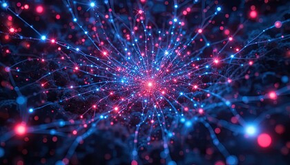 Stunning network visualization of data connections with vibrant glowing nodes, perfect for illustrating technology, science, innovation, and futuristic concepts