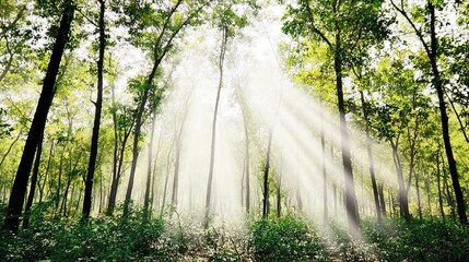 camphor. Sunlight filtering through a forest of camphor trees with visible light rays. travel magazines, destination branding, designed for travel destination branding, used by logistics managers.