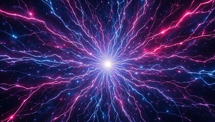Stunning electric discharge with vibrant pink and blue energy radiating from a central point, perfect for a powerful tech or science background