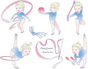 新体操をする若い女性選手。リボン、ボール、フープ、ロープ、バトンの五種目を描いたクリップアート集