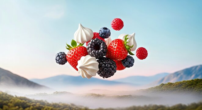 Abstract Surreal Dessert of Vibrant Fruit Suspended Mid Air Against a Dreamy Pastel Sky - Powered by Adobe