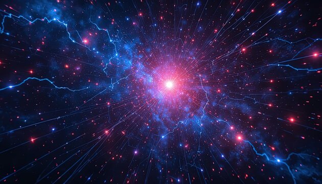 Stunning cosmic explosion with vibrant blue and red light streaks, perfect for a dynamic science or technology background, igniting curiosity and wonder
