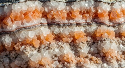 Close-up of beautiful halite crystals, a natural mineral formation with orange and white hues, perfect for textures and backgrounds.