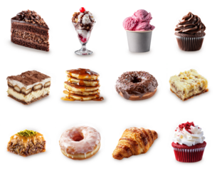 Assorted dessert collection, variety of sweet treats set, pastries, croissant, gelato, chocolate donut, pancakes, sundae. Colorful and appetizing dessert, gourmet desserts isolated on white background