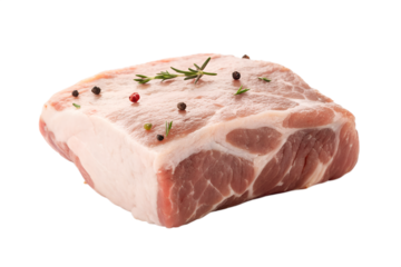 Raw cut of pork shoulder with marbled fat and a sprinkle of peppercorns and rosemary, isolated on a white background, showcasing a fresh, unprocessed meat product perfect for culinary preparation