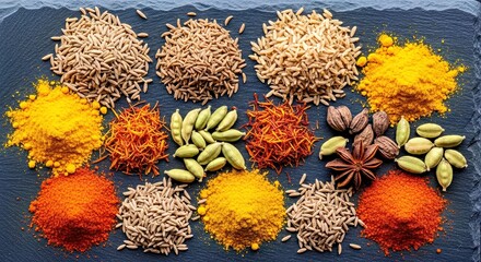 Vibrant Array of Ground and Whole Mughal Spices on Dark Slate Abstract Palette