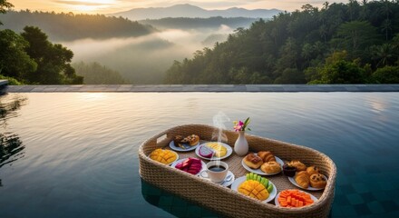 Fototapeta premium Floating breakfast tray drifts elegantly in a private infinity pool overlooking a vast jungle valley at golden sunrise. Luxury and Lifestyle concept
