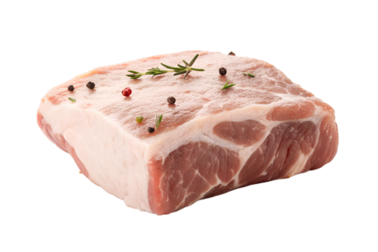 Raw cut of pork shoulder with marbled fat and a sprinkle of peppercorns and rosemary, isolated on a white background, showcasing a fresh, unprocessed meat product perfect for culinary preparation
