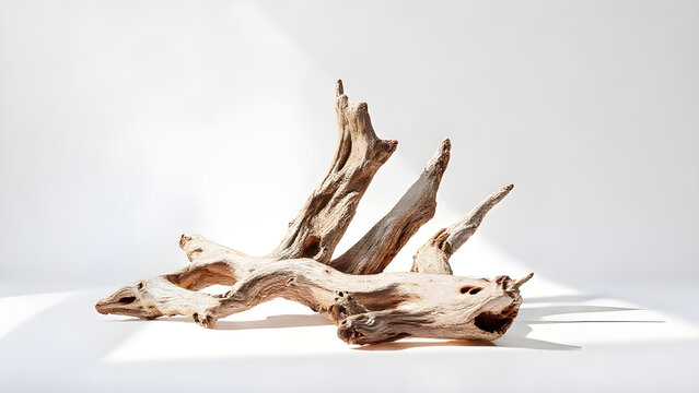 Driftwood pieces in studio light, three-quarters view