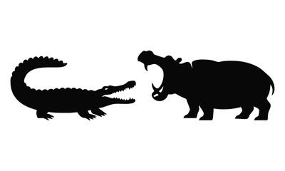 Alligator or Crocodile and Hippopotamus Silhouettes Facing Off, Black Silhouette of a Crocodile and a Roaring Hippo, Vector of an African Wildlife Confrontation, silhouette, vector.