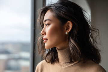 side profile of a 28-year-old Asian woman in an office, wavy dark brown collarbone-length hair, beige turtleneck sweater, pearl earrings, tired eyes gazing at the scenery outside the window