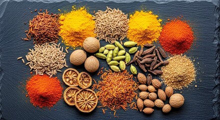 Colorful Abstract Palette of Ground and Whole Indian Mughal Spices on Dark Background