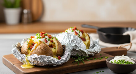Tasty baked potato served on wooden cutting board, in foil, with creamy garnish. Delicious baked potato includes chives and bacon bits, resting near skillet. Classic baked potato,