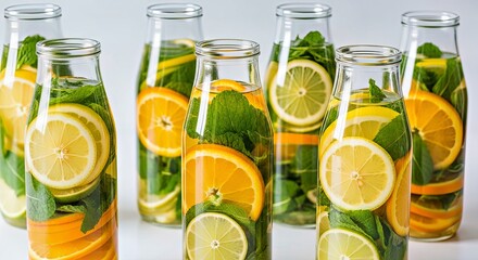 Vibrant Detox Water Infusions with Citrus and Mint in Clean Glass Bottles Healthy